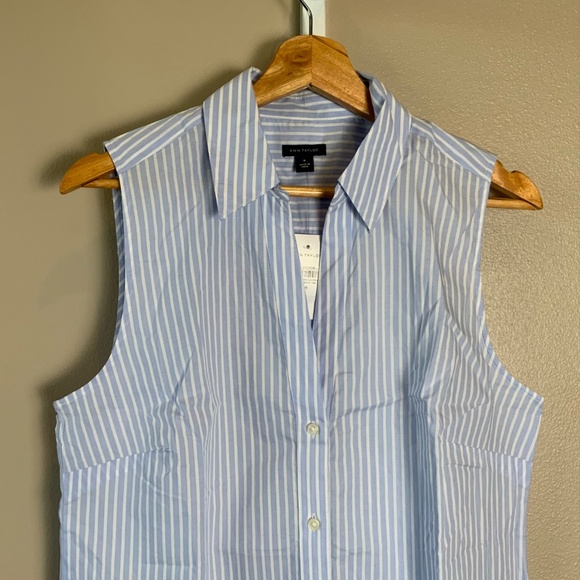 Ann Taylor Collared Split Neck Striped Sleeveless Shirt - Picture 9 of 16